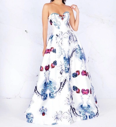 Shop Mac Duggal Printed Ball Gown In Diamond White In Multi