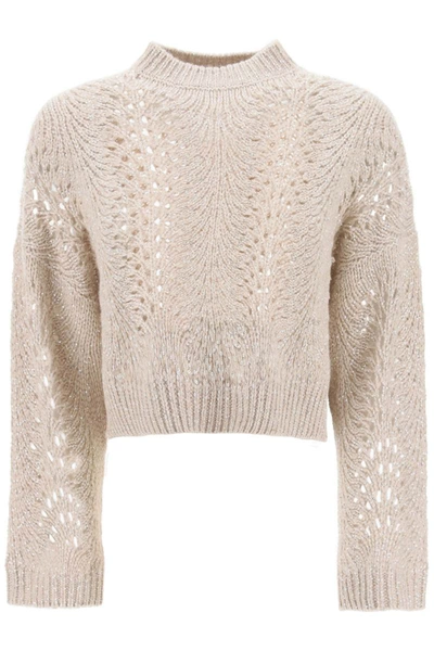 Shop Brunello Cucinelli Dazzling Lace Cropped Sweater In Beige