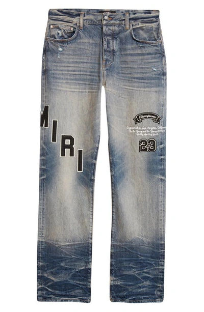 Shop Amiri Hockey Logo Straight Leg Jeans In Vintage Indigo