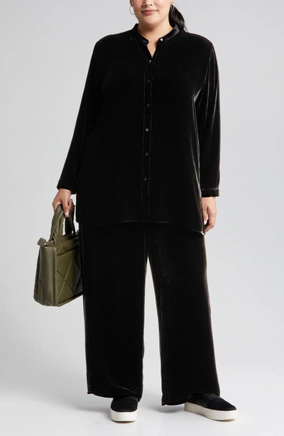 Shop Eileen Fisher Band Collar Velvet Longline Button-up Shirt In Black