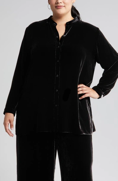 Shop Eileen Fisher Band Collar Velvet Longline Button-up Shirt In Black