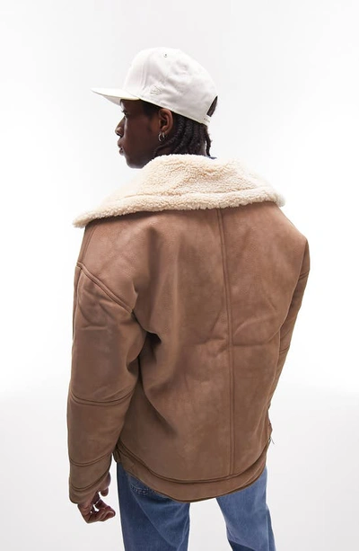 Shop Topman Faux Leather Biker Jacket With Faux Shearling Collar In Tan