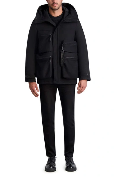 Shop Karl Lagerfeld Hooded Wool Blend Down Military Jacket In Black