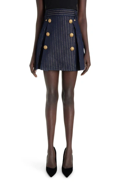 Shop Balmain Six-button Metallic Pinstripe Denim Miniskirt In Siq Blue Multi