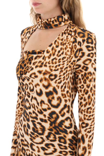 Shop Rotate Birger Christensen Leopard Printed Jersey Mini Dress In Almond Comb (beige)