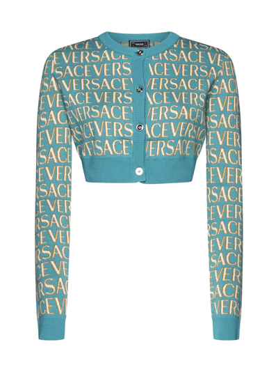 Shop Versace Cardigan In Turquoise+light Blue