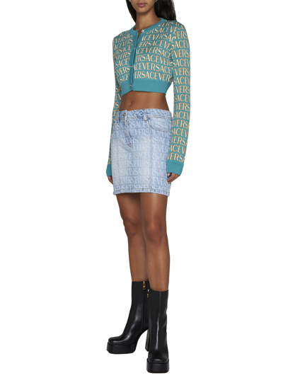 Shop Versace Cardigan In Turquoise+light Blue