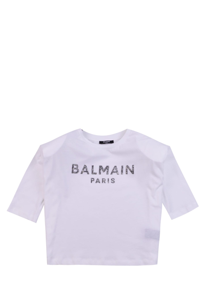 Shop Balmain T-shirt With Logo Rhinestone In White