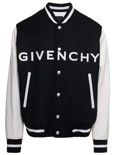 Shop Givenchy Black Varsity Jacket With Logo Lettering Detail In Wool Blend Man