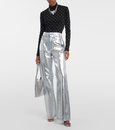 Shop Rabanne Metallic High-rise Straight Pants In Silver