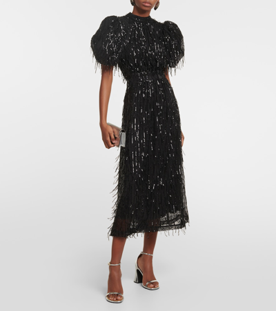 Rotate Birger Christensen Sequin Midi Puff Sleeve Dress In Black