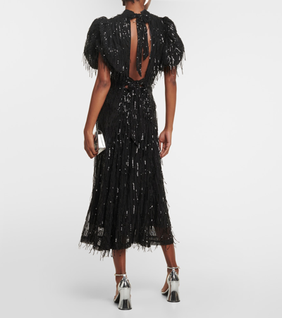 Rotate Birger Christensen Sequin Midi Puff Sleeve Dress In Black