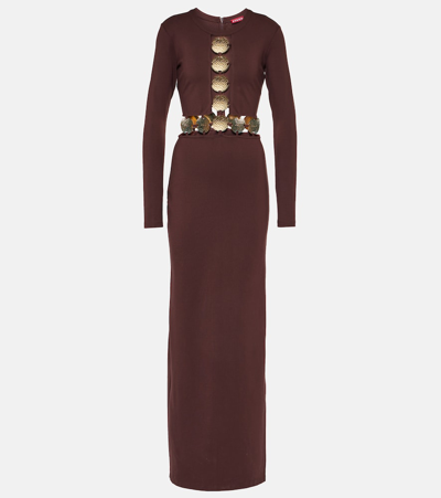 Shop Staud Delphine Embellished Jersey Maxi Dress In Brown