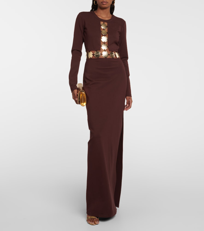Shop Staud Delphine Embellished Jersey Maxi Dress In Brown