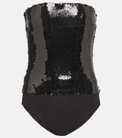 Shop Alexandre Vauthier Sequined Strapless Bodysuit In Black