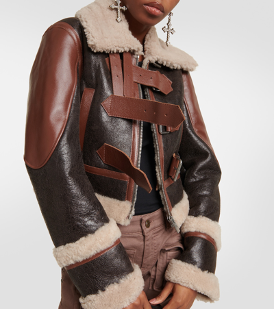 Shop Blumarine Shearling-trimmed Leather Jacket In Brown