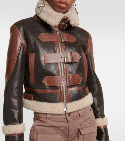 Shop Blumarine Shearling-trimmed Leather Jacket In Brown