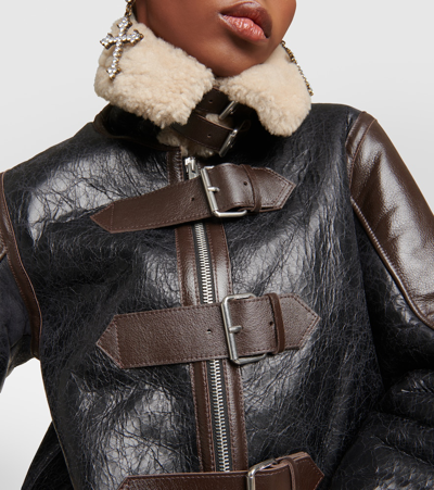 Shop Blumarine Shearling-trimmed Leather Coat In Black