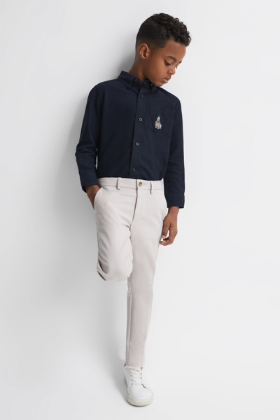 Shop Reiss Matis - Navy Junior Slim Fit Button-down Collar Motif Shirt, Age 8-9 Years