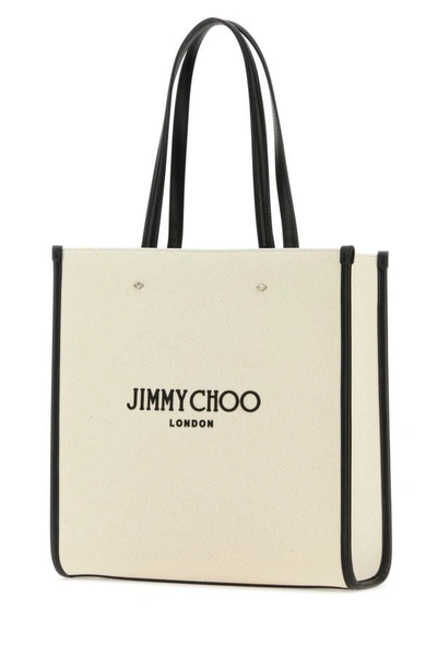 Shop Jimmy Choo Woman Ivory Canvas N/s Tote M Shopping Bag In White