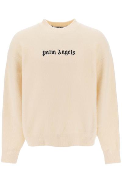 Shop Palm Angels Merino Wool Sweater With Logo Embroidery Men In White