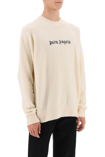 Shop Palm Angels Merino Wool Sweater With Logo Embroidery Men In White