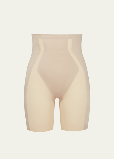 Shop Spanx Haute Contour High-waisted Mid-thigh Shorts In Soft Sand