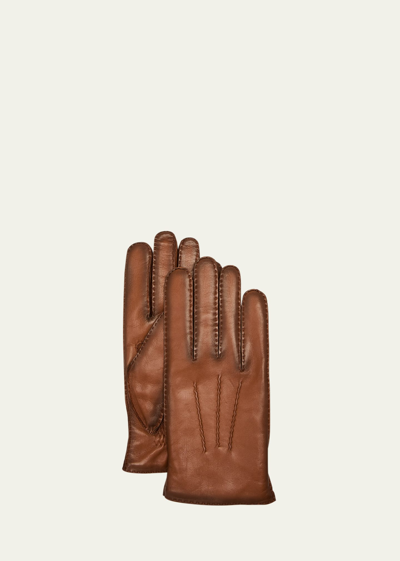 Shop Agnelle Men's Patina Leather Gloves In Toscana Patine