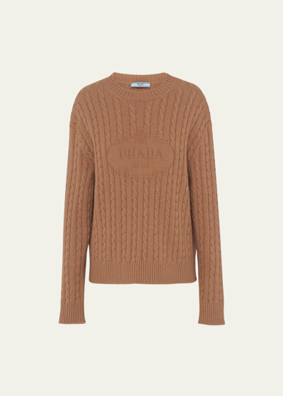 Shop Prada Embossed Logo Cable Cashmere Sweater In F0040 Cammello