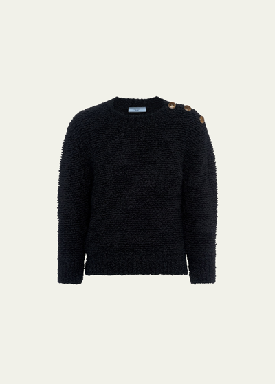 Shop Prada Wool Boucle Knit Sweater With Shoulder Buttons In F0002 Nero