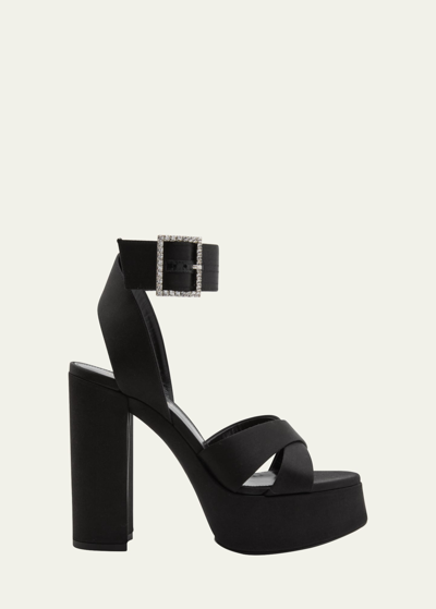 Shop Saint Laurent Bianca Satin Buckle Platform Sandals In Noir 1000