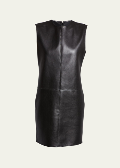 Shop Saint Laurent Leather Shift Mini Dress In Nero
