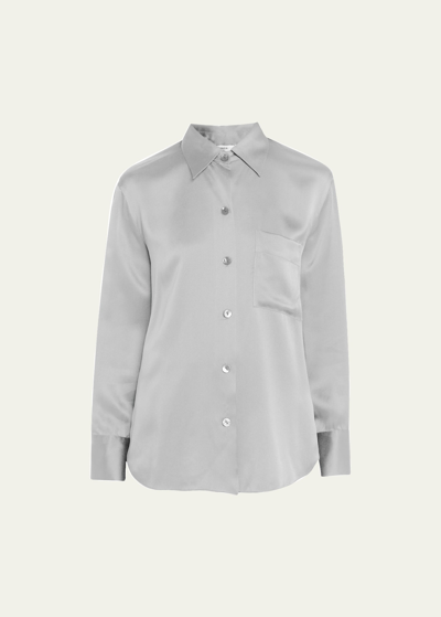 Shop Vince Long-sleeve Silk Chest Pocket Blouse In Silverstone