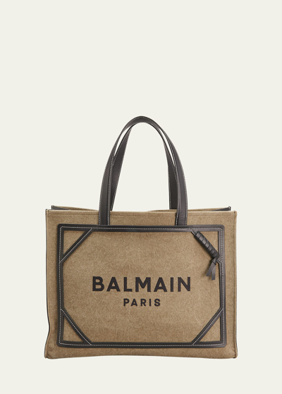 Shop Balmain B Army Medium Shopper Tote Bag In Canvas With Leather Handles In Khaki Noir