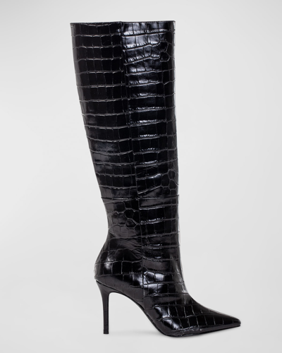 Shop Black Suede Studio Tory Croco Stiletto Knee Boots In Black Shiny Croc