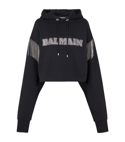 Shop Balmain Fringed Logo Hoodie In Black
