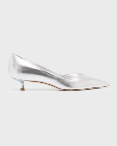Stuart Weitzman Stuart Metallic Leather Kitten-heel Pumps In Silver