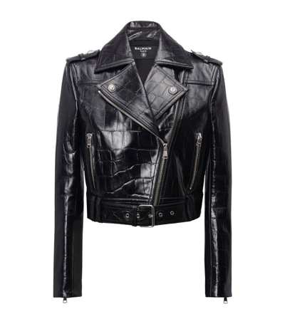 Shop Balmain Leather Croc-embossed Biker Jacket In Black