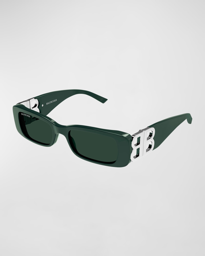 Shop Balenciaga Logo Rectangle Acetate Sunglasses In Shiny Solid Dark