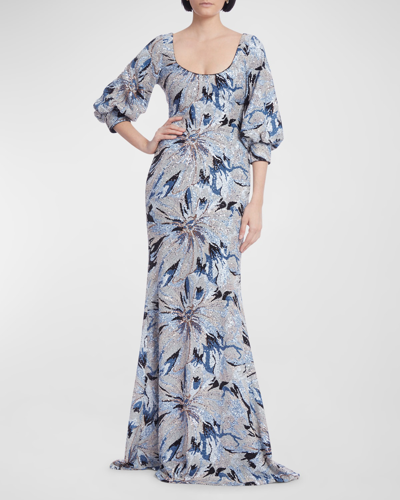 Shop Badgley Mischka Blouson-sleeve Floral Sequin Gown In Blue Multi