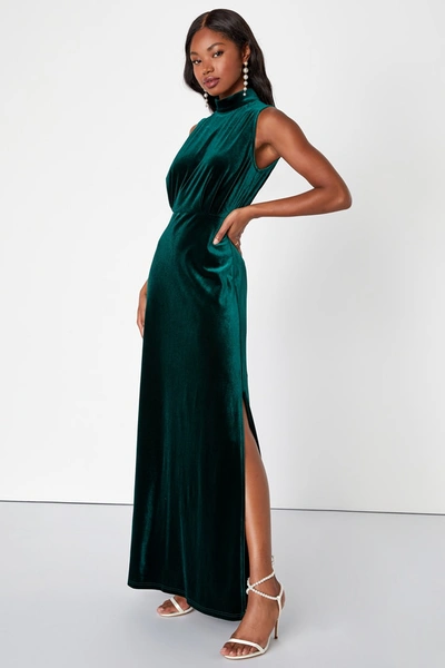Lulus Classic Elegance Emerald Velvet Sleeveless Mock Neck Maxi Dress In Green