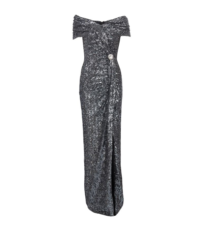 Shop Balmain Sequinned Off-the-shoulder Gown In Silver