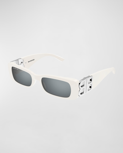 Shop Balenciaga Logo Rectangle Acetate Sunglasses In Shiny Solid Ivory
