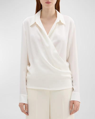 Theory Long Sleeves Wrap Blouse In Ivory