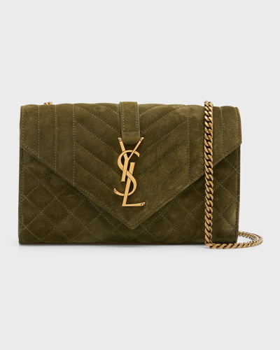 Shop Saint Laurent Envelope Triquilt Small Ysl Shoulder Bag In Suede In Loden Green