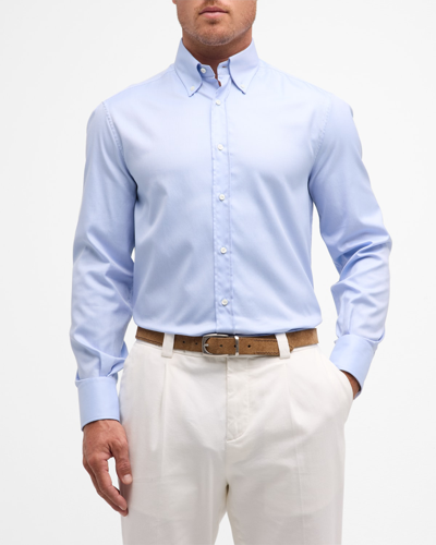 Shop Brunello Cucinelli Men's Cotton Button-down Collar Sport Shirt In Sky Blue