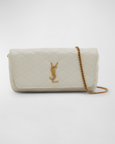 Shop Saint Laurent Gaby Phone Holder Ysl Crossbody Bag In Quilted Smooth Leather In Crema Soft