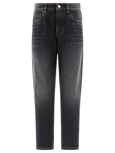 Shop Brunello Cucinelli Logo Patch Tapered Leg Jeans In Grey
