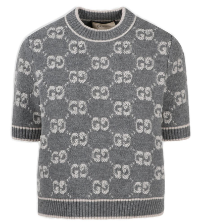Shop Gucci Gg Jacquard Knitted Top In Grey