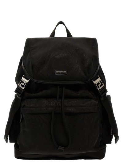 Shop Versace Jacquard Drawstring Backpack In Black